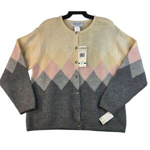 Jantzen 90s Large Retro Argyle Wool Cardigan Pastel Neutral Granolagirl Gorpcore
